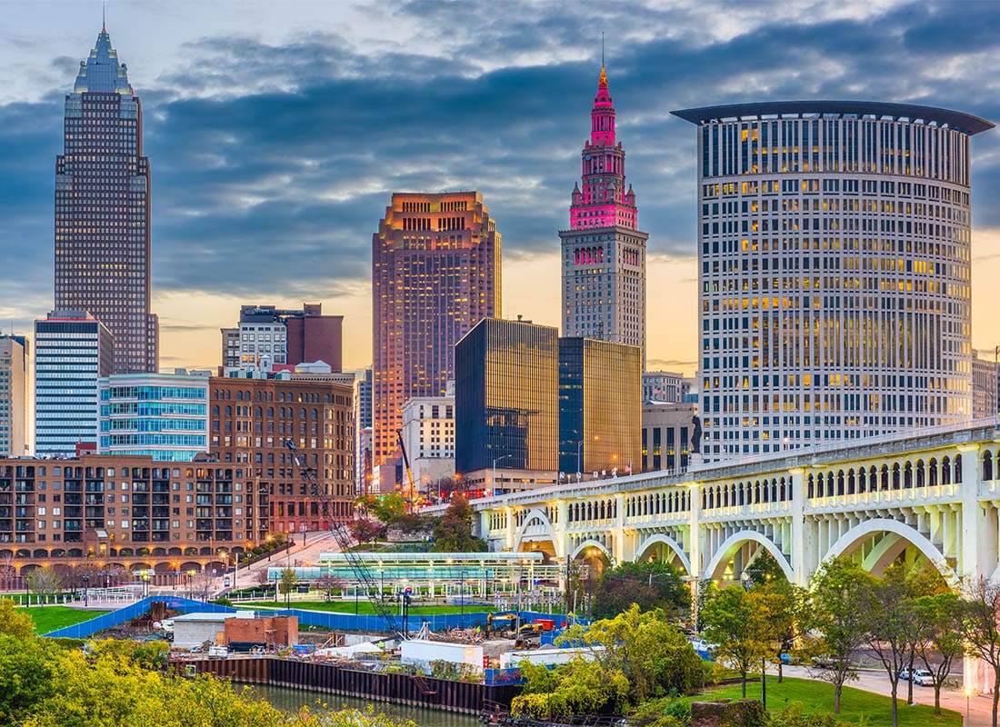 Cleveland, OH - Cleveland, Ohio, USA Downtown City Skyline on the Cuyahoga River