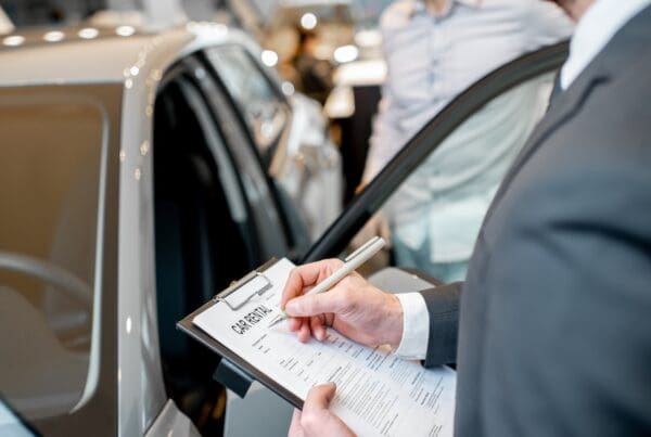 Should I “Buy” the rental coverage for physical damage? - Manager filling car rental documents standing in the showroom with car on the background